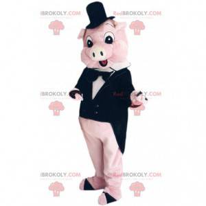 Mascotte de cochon rose en costume cravate