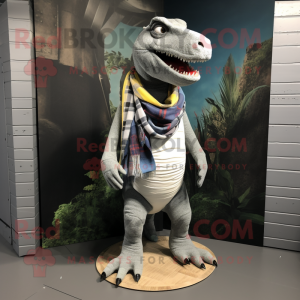 Gray T Rex mascot costume character dressed with a Bootcut Jeans and Scarf clips
