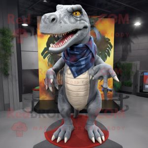 Gray T Rex mascot costume character dressed with a Bootcut Jeans and Scarf clips