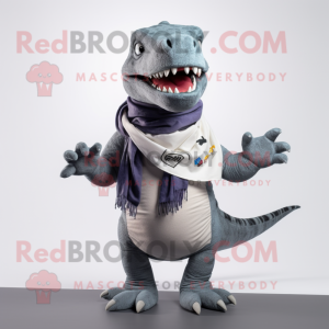 Gray T Rex mascot costume character dressed with a Bootcut Jeans and Scarf clips