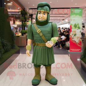 Green Roman Soldier mascot costume character dressed with a Jeans and Berets