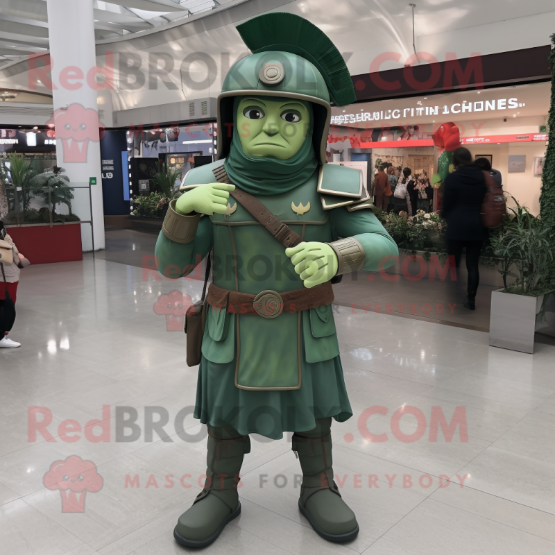 Green Roman Soldier mascot costume character dressed with a Jeans and Berets