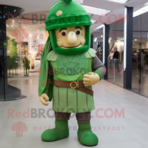 Green Roman Soldier mascot costume character dressed with a Jeans and Berets