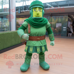 Green Roman Soldier mascot costume character dressed with a Jeans and Berets