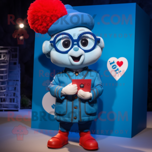 Blue Love Letter mascot costume character dressed with a Bomber Jacket and Eyeglasses