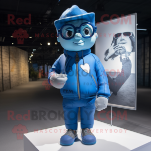 Blue Love Letter mascot costume character dressed with a Bomber Jacket and Eyeglasses