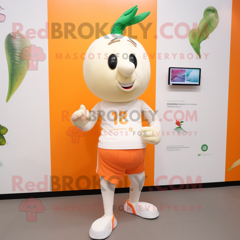 Cream Carrot mascot costume character dressed with a Running Shorts and Smartwatches Cream Carrot mascot costume character dressed with a Running Shorts and Smartwatches