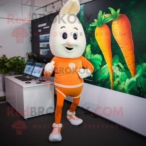 Cream Carrot mascot costume character dressed with a Running Shorts and Smartwatches