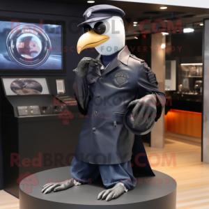 Navy Gull mascot costume character dressed with a Leather Jacket and Rings