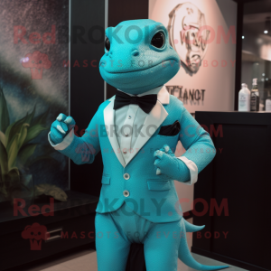 Turquoise Lizard mascot costume character dressed with a Tuxedo and Pocket squares