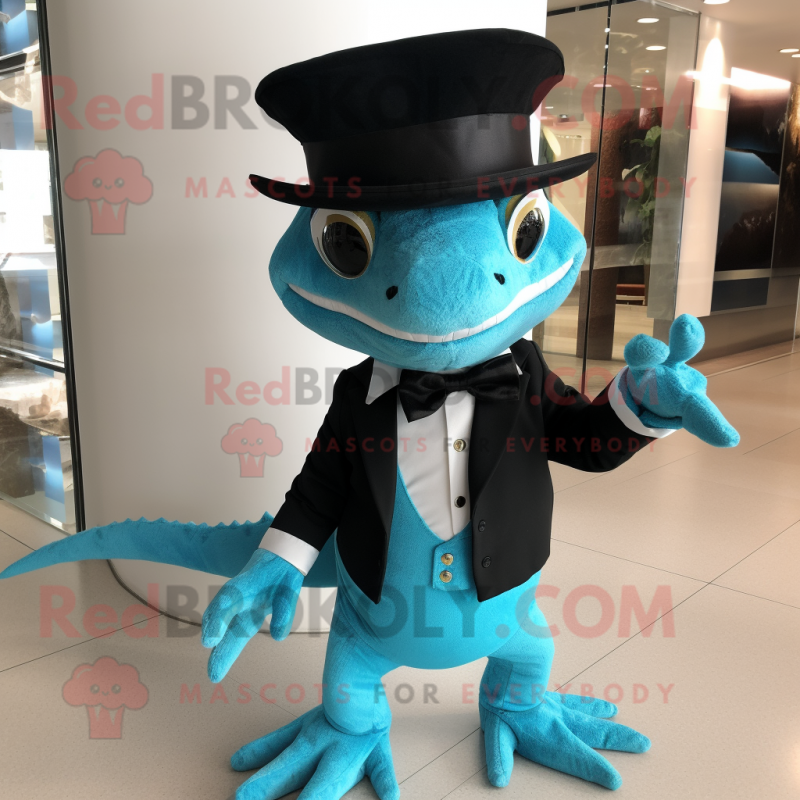 Turquoise Lizard mascot costume character dressed with a Tuxedo and Pocket squares