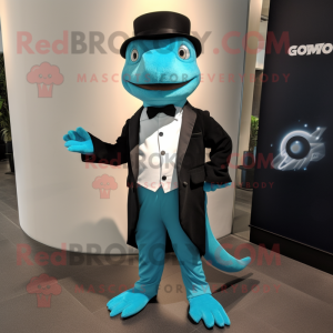 Turquoise Lizard mascot costume character dressed with a Tuxedo and Pocket squares