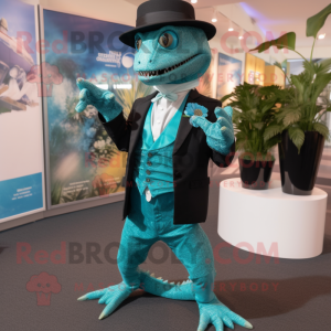 Turquoise Lizard mascot costume character dressed with a Tuxedo and Pocket squares