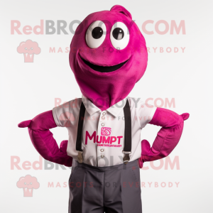 Magenta Shrimp Scampi mascot costume character dressed with a Button-Up Shirt and Suspenders