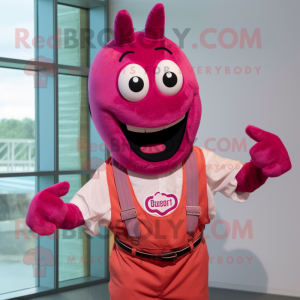 Magenta Shrimp Scampi mascot costume character dressed with a Button-Up Shirt and Suspenders