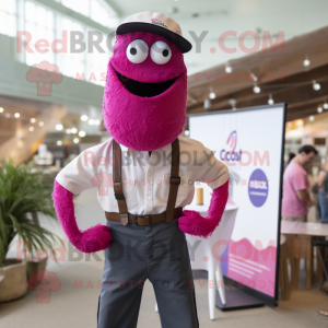 Magenta Shrimp Scampi mascot costume character dressed with a Button-Up Shirt and Suspenders