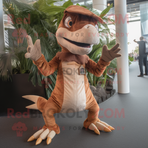 Brown Dimorphodon mascot costume character dressed with a Playsuit and Foot pads