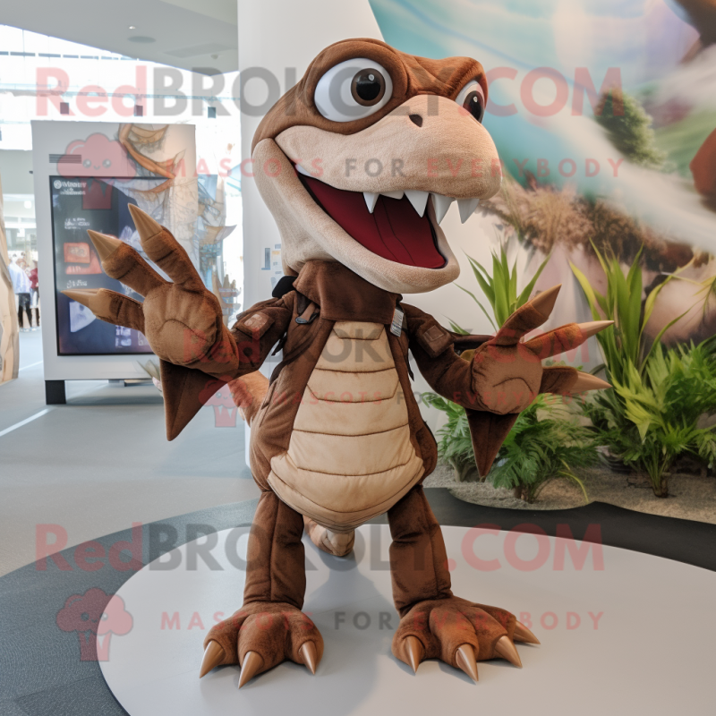 Brown Dimorphodon mascot costume character dressed with a Playsuit and Foot pads