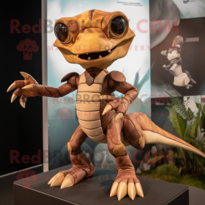 Brown Dimorphodon mascot costume character dressed with a Playsuit and Foot pads