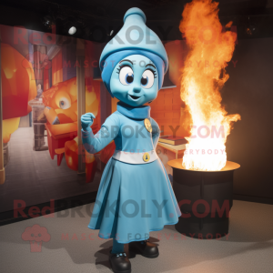 Sky Blue Fire Eater mascot costume character dressed with a A-Line Dress and Caps
