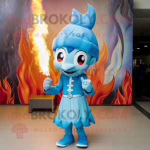 Sky Blue Fire Eater mascot costume character dressed with a A-Line Dress and Caps