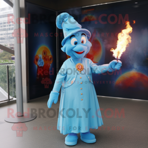 Sky Blue Fire Eater mascot costume character dressed with a A-Line Dress and Caps