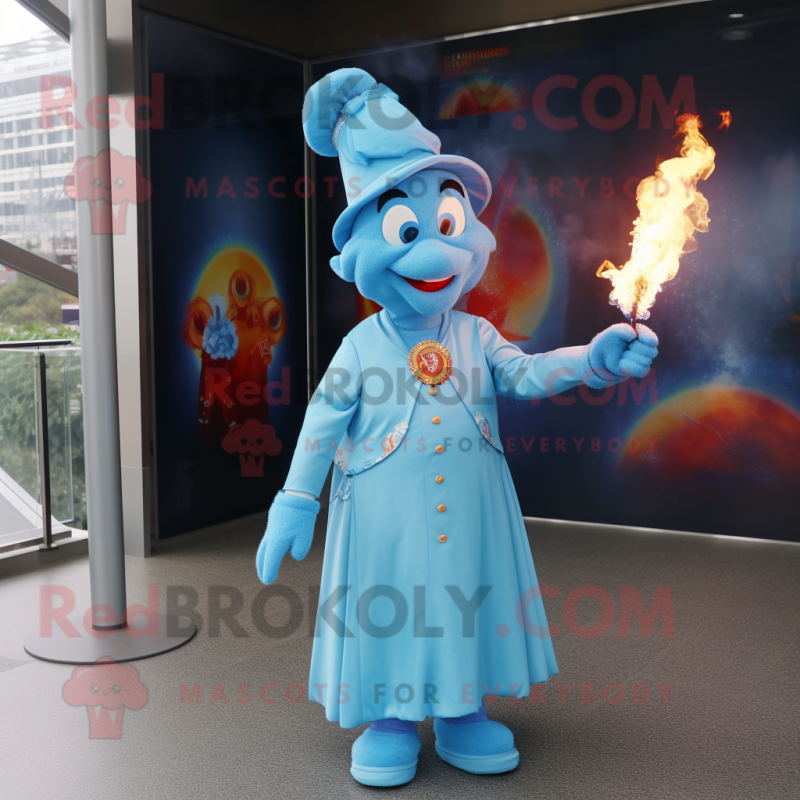 Sky Blue Fire Eater mascot costume character dressed with a A-Line Dress and Caps Sky Blue Fire Eater mascot costume character dressed with a A-Line Dress and Caps