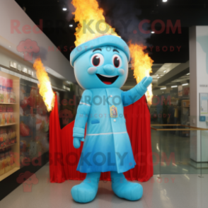 Sky Blue Fire Eater mascot costume character dressed with a A-Line Dress and Caps