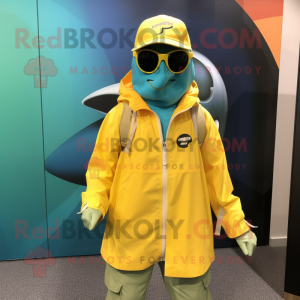 Yellow Salmon mascot costume character dressed with a Windbreaker and Sunglasses