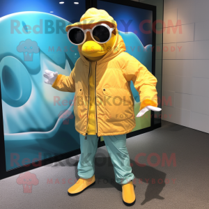 Yellow Salmon mascot costume character dressed with a Windbreaker and Sunglasses