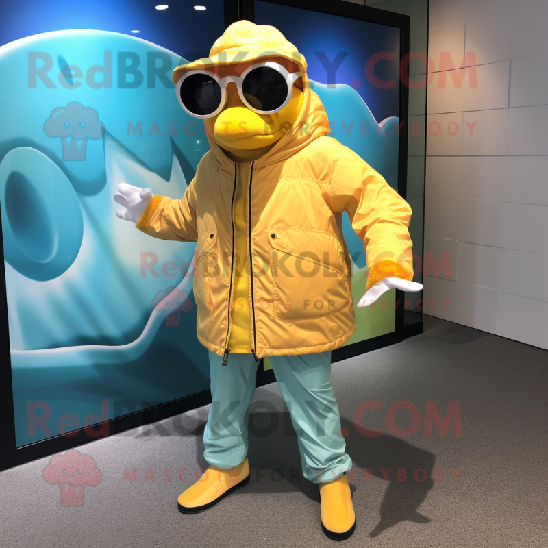 Yellow Salmon mascot costume character dressed with a Windbreaker and Sunglasses Yellow Salmon mascot costume character dressed with a Windbreaker and Sunglasses