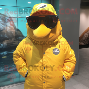 Yellow Salmon mascot costume character dressed with a Windbreaker and Sunglasses