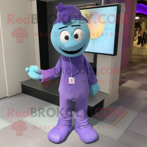 Lavender Television mascot costume character dressed with a Jumpsuit and Tie pins