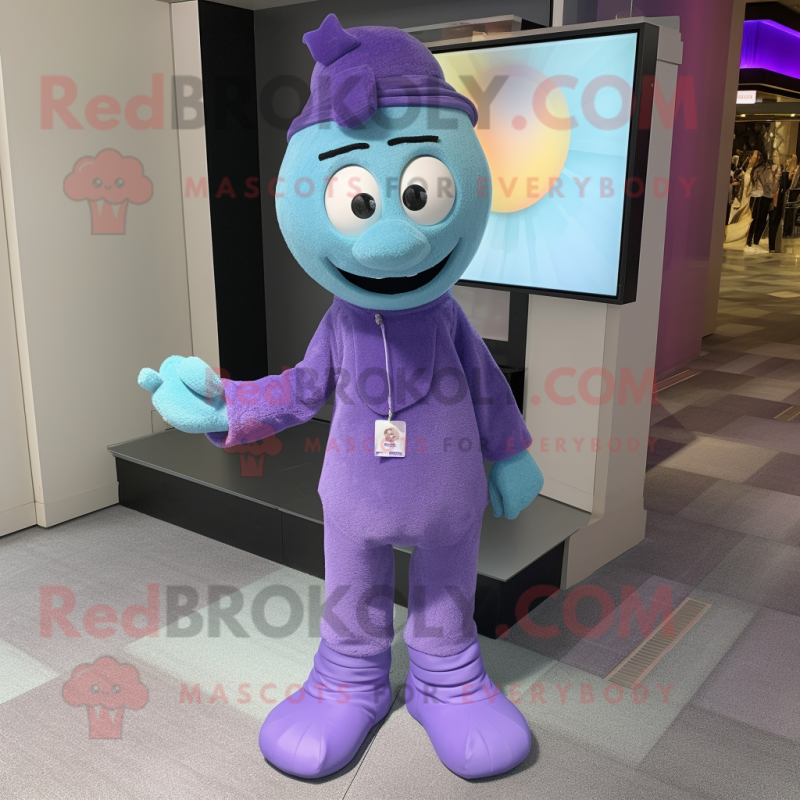 Lavender Television mascot costume character dressed with a Jumpsuit and Tie pins Lavender Television mascot costume character dressed with a Jumpsuit and Tie pins