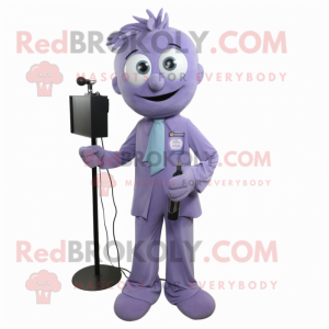 Lavender Television mascot costume character dressed with a Jumpsuit and Tie pins