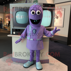 Lavender Television mascot costume character dressed with a Jumpsuit and Tie pins