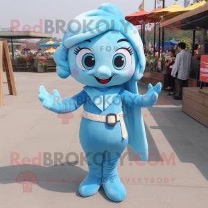 Sky Blue Mermaid mascot costume character dressed with a Overalls and Belts