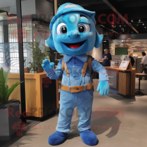 Sky Blue Mermaid mascot costume character dressed with a Overalls and Belts