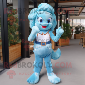 Sky Blue Mermaid mascot costume character dressed with a Overalls and Belts