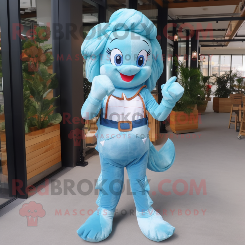 Sky Blue Mermaid mascot costume character dressed with a Overalls and Belts Sky Blue Mermaid mascot costume character dressed with a Overalls and Belts