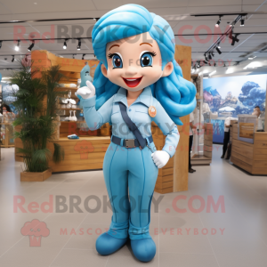 Sky Blue Mermaid mascot costume character dressed with a Overalls and Belts