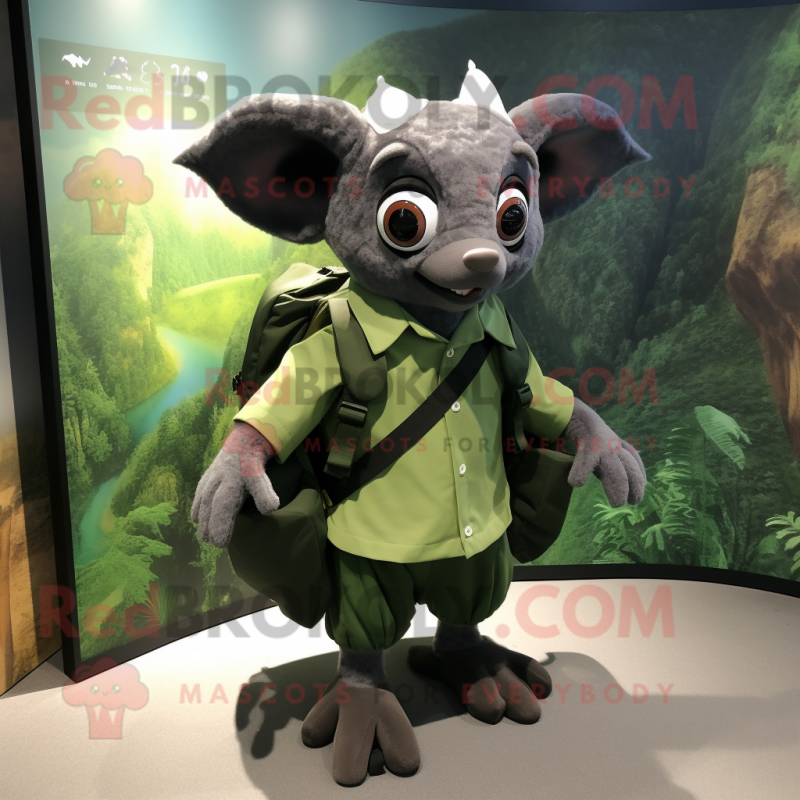 Forest Green Bat mascot costume character dressed with a Blouse and Backpacks Forest Green Bat mascot costume character dressed with a Blouse and Backpacks