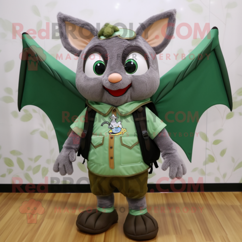 Forest Green Bat mascot costume character dressed with a Blouse and Backpacks