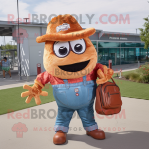 Rust Pulled Pork Sandwich mascot costume character dressed with a Mom Jeans and Messenger bags