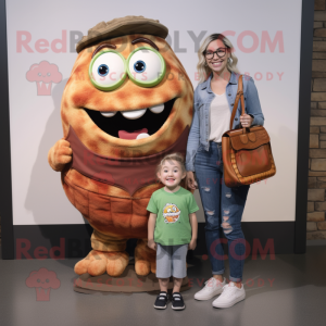 Rust Pulled Pork Sandwich mascot costume character dressed with a Mom Jeans and Messenger bags