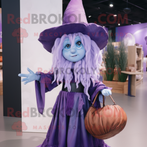 Lavender Witch mascot costume character dressed with a Poplin Shirt and Handbags