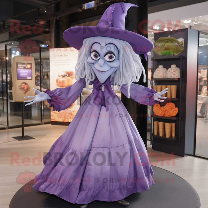 Lavender Witch mascot costume character dressed with a Poplin Shirt and Handbags