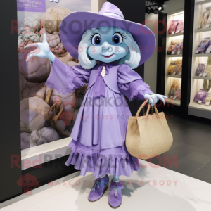 Lavender Witch mascot costume character dressed with a Poplin Shirt and Handbags