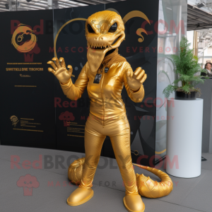 Gold Hydra mascot costume character dressed with a Flare Jeans and Cufflinks