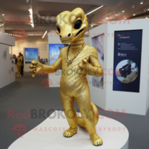 Gold Hydra mascot costume character dressed with a Flare Jeans and Cufflinks